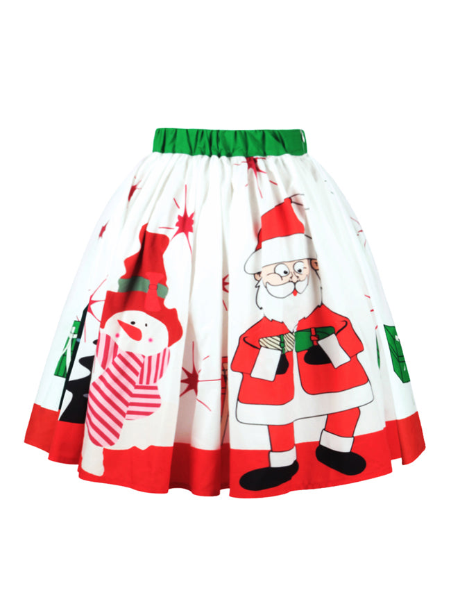 Vintage Snowman Pattern Lovely Pleated A-Line Short Mini Skater Skirt for Women Back View