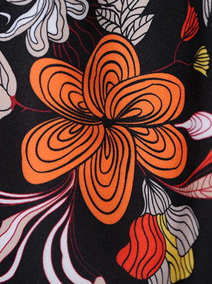 Orange 1950's Vintage Style Floral Pattern High Waist Midi Dress for Women Detail View