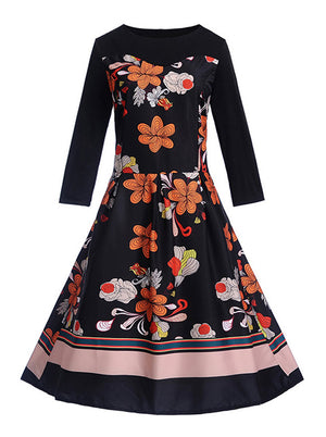 Vintage Floral Patchwork Round Neck Long Sleeves Swing Casual Party Tea Dress Main View