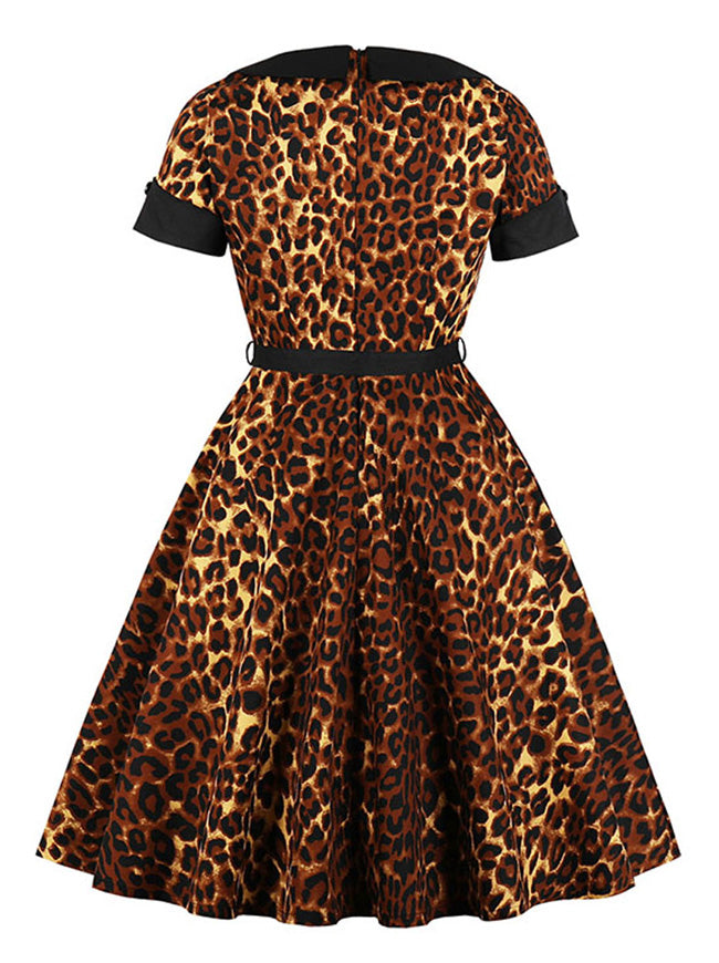 Juniors Fit and Flare Rockabilly Pinup Retro A-line Black Tea Length Casual Holiday Belted Dress with Belt Back View