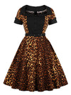 Vintage 1950s Retro Square Neck Short Sleeves Button Leopard Printed Swing Dress Main View
