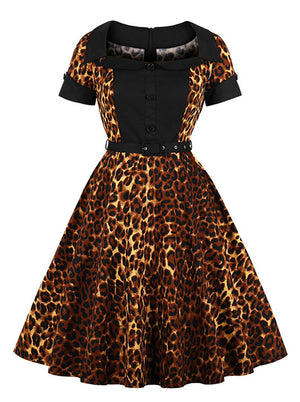 Vintage 1950s Retro Square Neck Short Sleeves Button Leopard Printed Swing Dress Main View