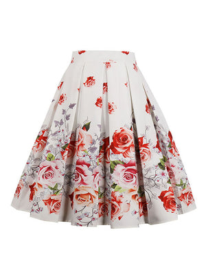 Vintage Retro Casual Knee Length High Waisted A-Line Floral Print Pleated Flare Skirt