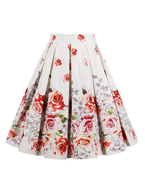 Vintage Retro Casual Knee Length High Waisted A-Line Floral Print Pleated Flare Skirt