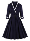 Retro V Neck Elegant 3/4 Sleeve Puffy Swing Pleated Swing Dress with Belt