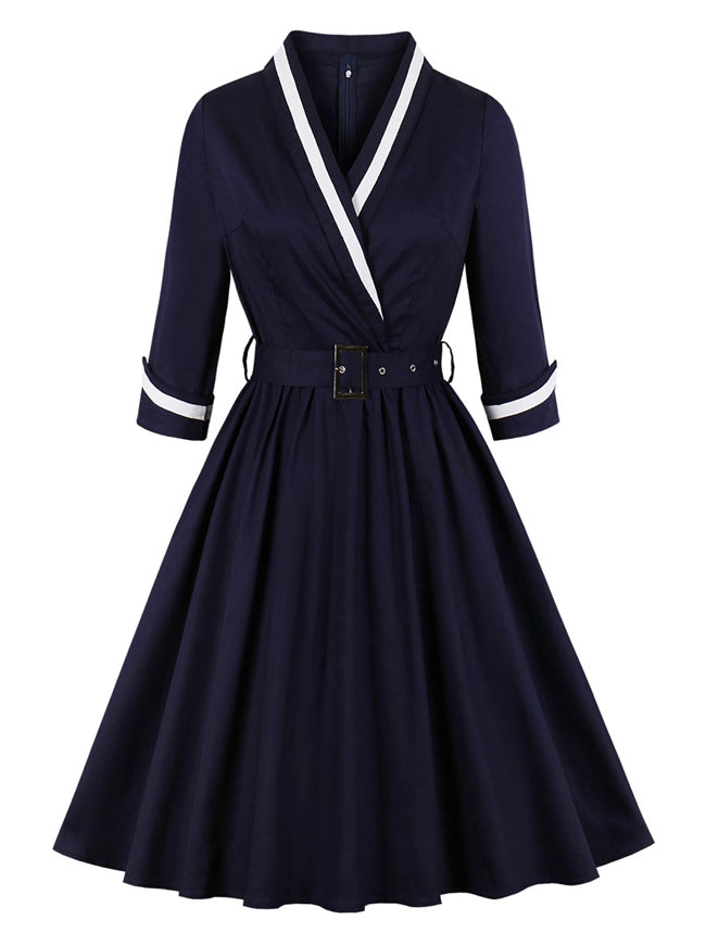 Retro V Neck Elegant 3/4 Sleeve Puffy Swing Pleated Swing Dress with Belt