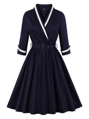 Retro V Neck Elegant 3/4 Sleeve Puffy Swing Pleated Swing Dress with Belt