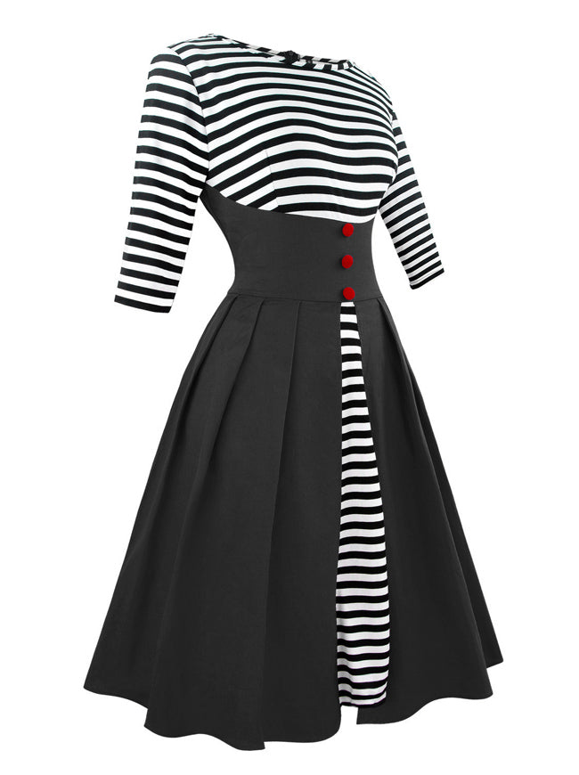 Half Sleeved Elegant Striped Business Casual Cocktail Dress