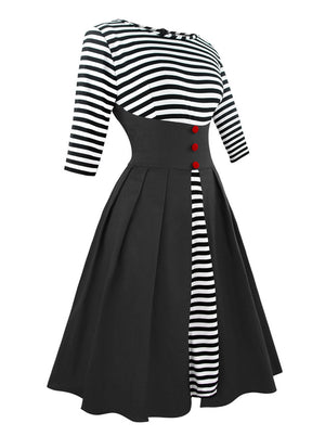 Half Sleeved Elegant Striped Business Casual Cocktail Dress