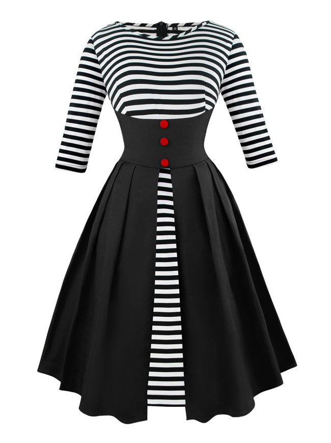 Half Sleeved Elegant Striped Business Casual Cocktail Dress