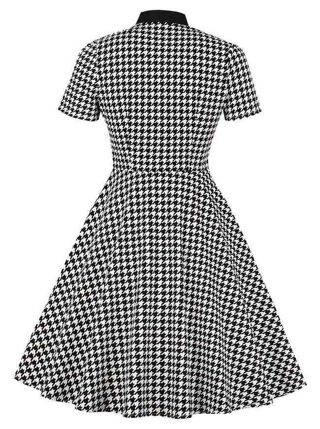 Elegant Houndstooth Short Sleeve Swing Party Dress with Pocket