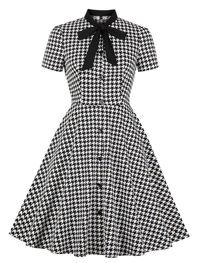 Elegant Houndstooth Short Sleeve Swing Party Dress with Pocket