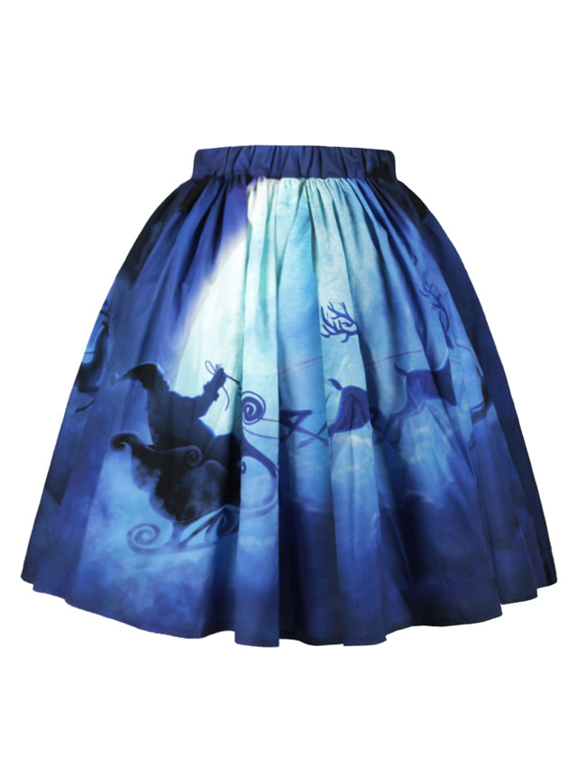 Blue Christmas High Waist Knee Length Flared A-line Short Ruffle Petite Skirts for Women Detail View