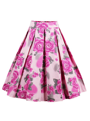 Fashion Retro Rockabilly Pleated Casual Skirt with Floral Print