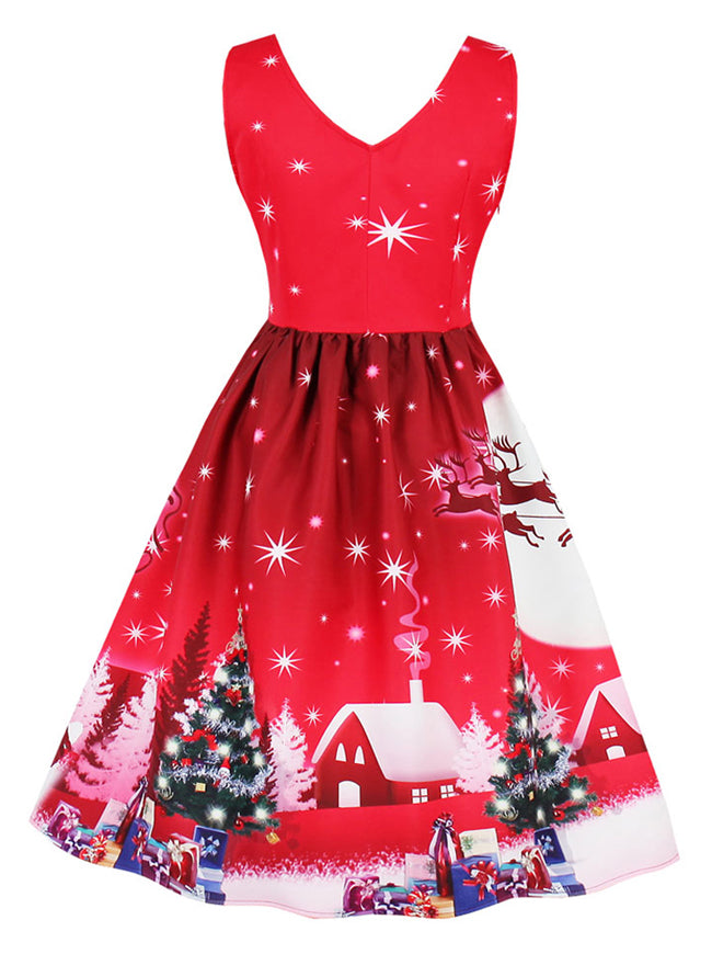 Red Sleeveless Pullover Ugly Christmas Adult Santa Costume Red Star Print Dress Back View