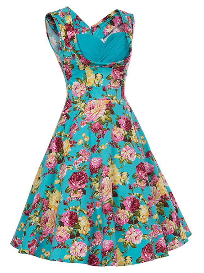 50s Vintage Retro Floral Print Pinup Tea Length Cocktail Dress for Women Side View