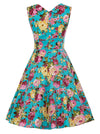 1950s Vintage Bridesmaids Summer Floral Print Green Fit and Flare Midi Dress for Women Back View