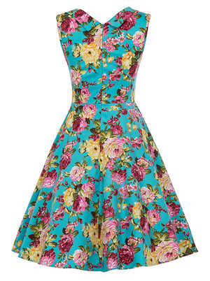 1950s Vintage Bridesmaids Summer Floral Print Green Fit and Flare Midi Dress for Women Back View