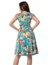 Colorful Vintage Floral A-Line Summer Spring Knee Length Dress for Women Model Show Back View
