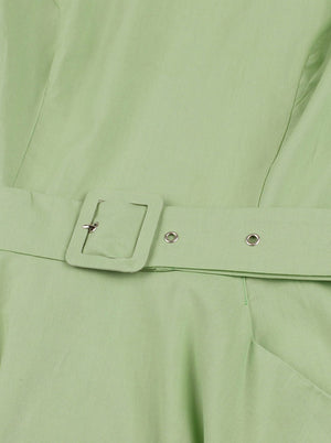 Womens Sleeveless Empire Waist Green Cotton Belt Plain Puffy Mini Dress with Pockets Detail View
