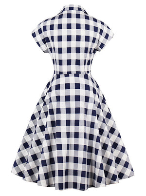 1950s Vintage Short Sleeve A-Line Party Swing Plaid Dress with Zipper