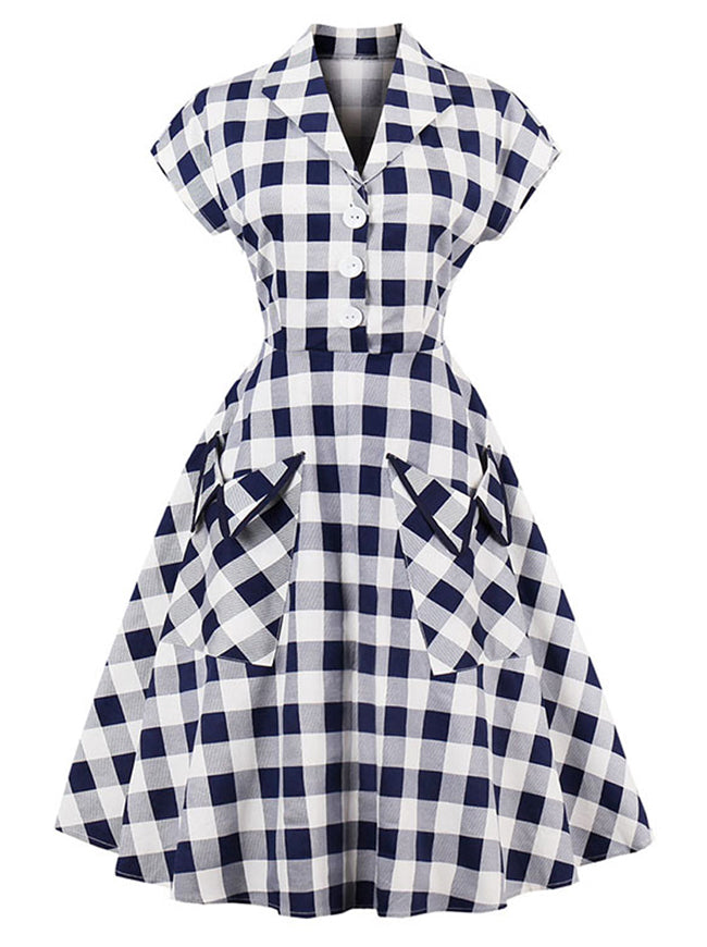 1950s Vintage Short Sleeve A-Line Party Swing Plaid Dress with Zipper