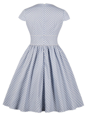 Buttons Pockets Fit and Flare V-Neck Cap Sleeve Tea Length High Waist Casual Tea Dress Detail View