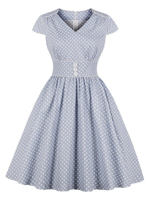 1950s Vintage Polka Dots Printed V Neck Cap-Sleeve Swing Dress