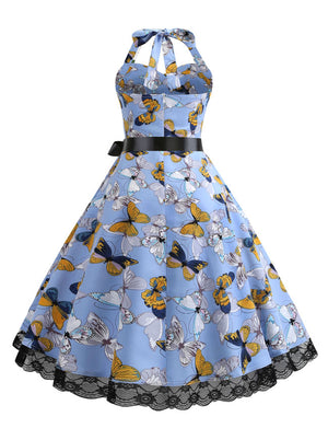 Retro Vintage Rockabilly Butterflies Print Lace Swing Halter Dress