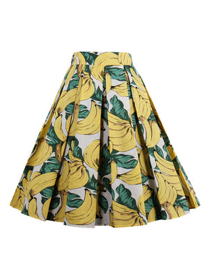 Summer Vivid Banana Print  Pleated Casual Skater Skirt