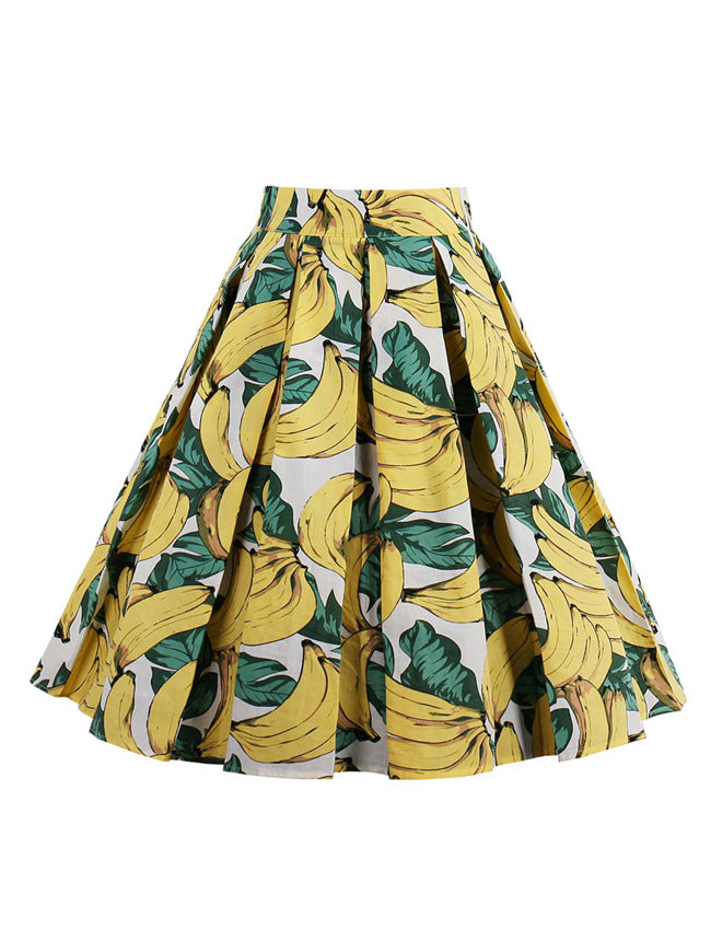 Summer Vivid Banana Print  Pleated Casual Skater Skirt