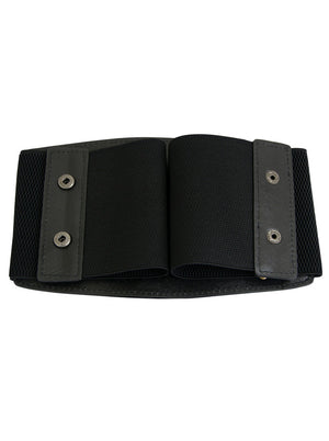 Black Vintage Metal Leather Metallic High Waist Elastic 50s Pin Up Girl Bowknot Press Belt for Women Detail View