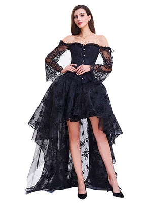 Black Off Shoulder Hi-Lo Skirt Set Halloween Overbust Corsets Outfits for Women Model Show Side View