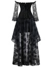 Black Sexy Retro Gothic Victorian Off Shoulder Long Flared Sleeve Corset with High Low Tutu Skirt for Women Back View