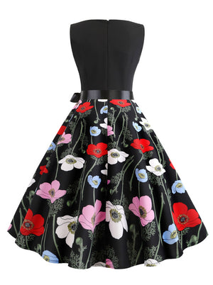 Cocktail Party Vintage Floral Sleeveless Fit and Flare Black Red Puffy Dress Back View
