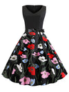 Vintage V-Neck Flared Audrey Hepburn Patchwork Dress with Bow