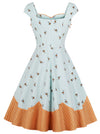 Vintage Flare Sleeveless Shoulder Straps Flare Bee Printed Patchwork A-Line Cocktail Swing Dress Back View