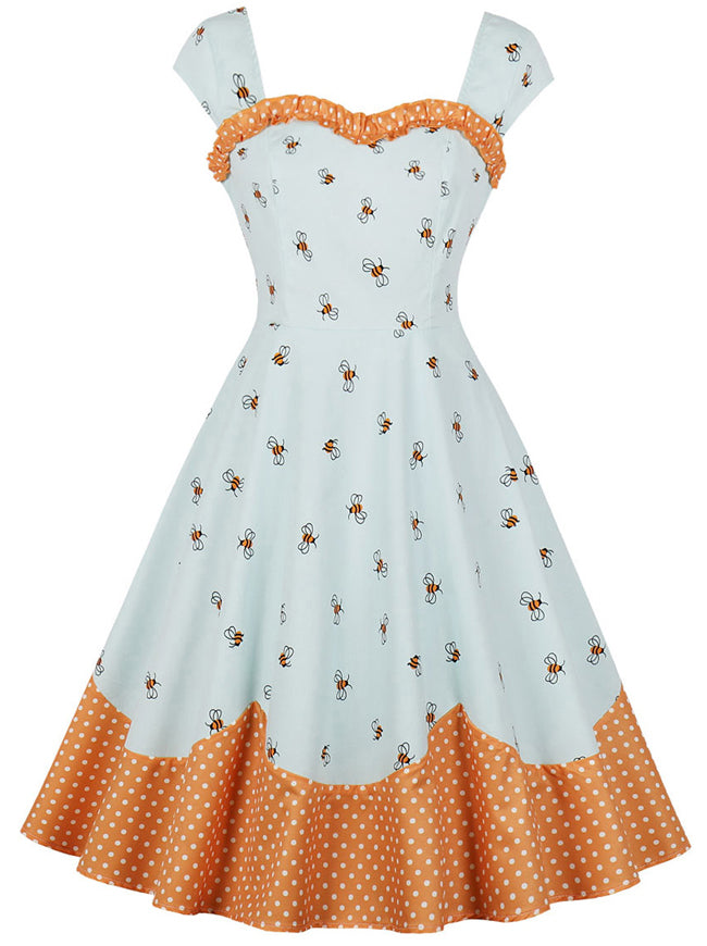Light Blue Vintage Full Circle Classic Polka Dot Pinup Dresses Going Out Cocktail Dress Detail View
