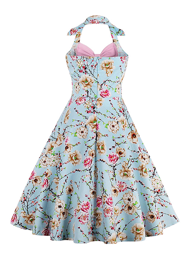 Fashion Halter Low Cut Floral Print Halter Cocktail Vintage Dress