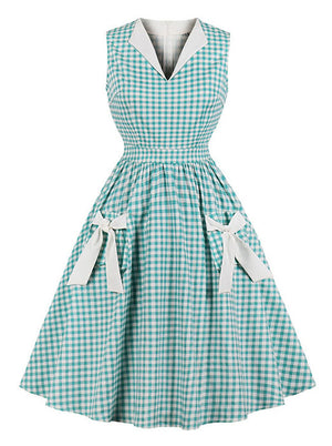 Vintage 50s Retro Sleeveless V-Neck Pockets Plaid Swing Dress