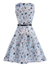 Blue Floral Print Sleeveless Vintage Floral Cocktail A-Line Prom Homecoming Dress with Belted for Adult and Child Back View