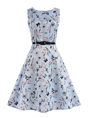 Girl's Butterfly and Flower Print Spring Summer Casual Dress with Belt for Adult and Child Main View