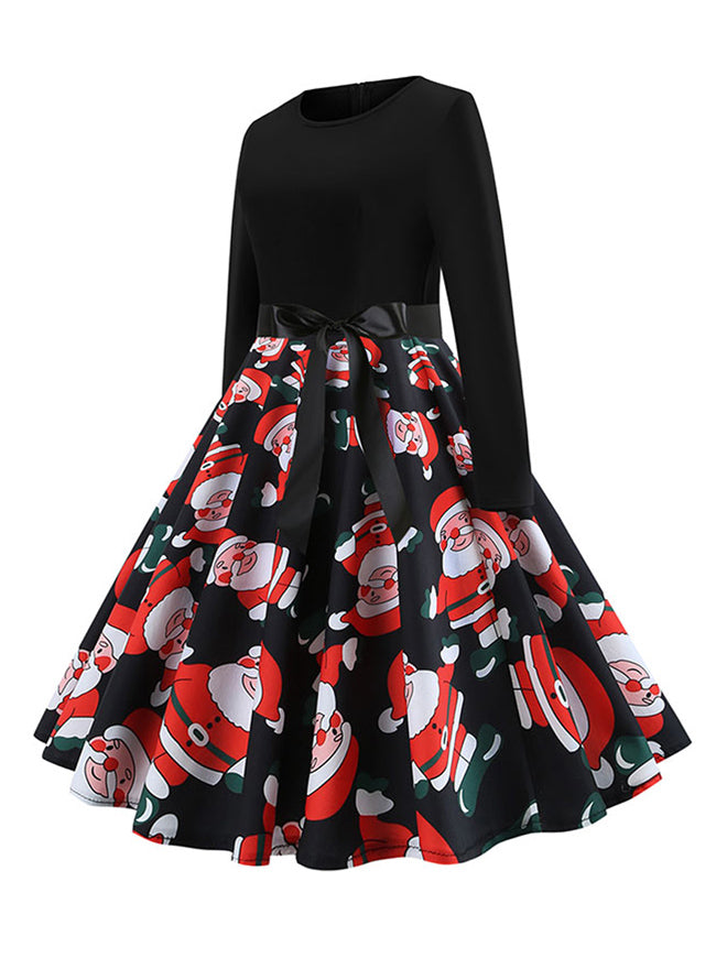 Black Vintage Christmas Ugly Xmas Pattern PinUp Knee Length Dress for Women Side View