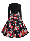 Vivid Christmas Santa Claus Printed Knee Length Fit Flared Christmas Gift Dress Black for Women Back View