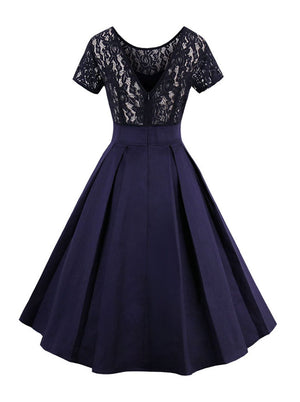 Retro 1960 Vintage Rockabilly Party Swing Vintage Round Neck Sundress Lace Paneled Cocktail Dress Back View