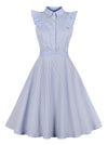Elegant 1950s Vintage Button Sleeveless Stripe Swing Dress Main View