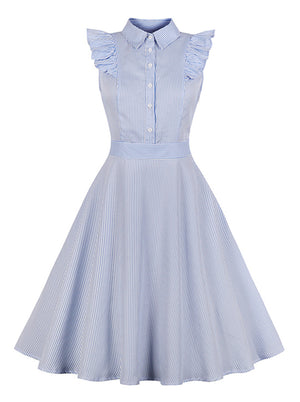 Elegant 1950s Vintage Button Sleeveless Stripe Swing Dress Main View