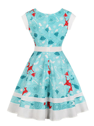 Blue Vintage Short Sleeve Christmas Reindeers Printing Tea Length Swing Dress for Women Back View