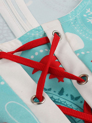Vintage Lace-Up Christmas Snowflake Printing A-Line Above Knee Length Dress for Women Detail View