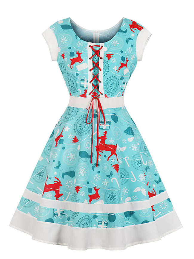 Vintage 1950s Rockabilly A-Line Printed Chirstmas Swing Dress Main View